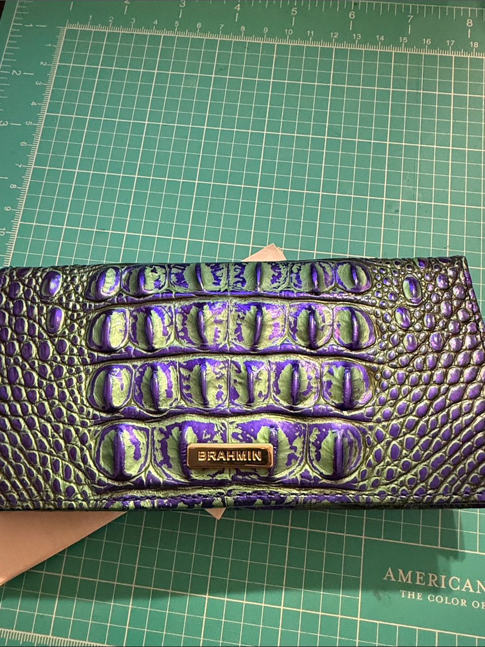 Brahmin Iridescent Purple Green Croc-Embossed Wristlet